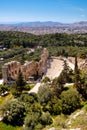 Panoramic view of Odeon of Herodes Atticus stone Roman theater, Herodeion or Herodion, at slope of Acropolis hill with