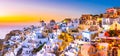 Panoramic view of Oia town, Santorini island, Greece at sunset. Royalty Free Stock Photo