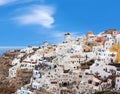 Panoramic view of Oia town at sunset, Santorini island, Cyclades, Greece Royalty Free Stock Photo