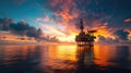 A panoramic view of an oil rig at dawn, with workers starting their shift, the silhouette of the structure against the