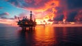 A panoramic view of an oil rig at dawn, with workers starting their shift, the silhouette of the structure against the