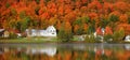 Panoramic view of old barn by the lake with fall foliage near Danville, Vermont Royalty Free Stock Photo