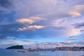 Panoramic View of Old Budva Town, Famous Island of Sveti Nikola and Dock with Lot of Boats in Budva. Montenegro, Balkans, Adriatic Royalty Free Stock Photo