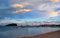 Panoramic View of Old Budva Town, Famous Island of Sveti Nikola and Dock with Lot of Boats in Budva. Montenegro, Balkans, Adriatic Royalty Free Stock Photo