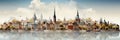 Panoramic view of the old city. Autumn cityscape. Illustration of town on the river bank Royalty Free Stock Photo