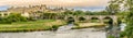 Panoramic view at the Old City of Carcassonne with Old Bridge over L Aude river - France