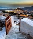 Panoramic view of the old city at sunset, beautiful gate, evening time night, cycladic islands, ios greece