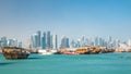 A panoramic view of the old dhow harbour timelapse in Doha, Qatar, with the West Bay skyline in the background. Royalty Free Stock Photo