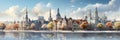 Panoramic view of the old european city. View of river bank city. Autumn cityscape