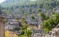 Panoramic view of old Greek house ruins in the ghost town of Kayakoy.