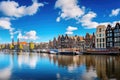 Panoramic view of the old houses along the canal in Amsterdam, Netherlands, Amsterdam Netherlands dancing houses over river Amstel