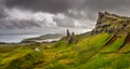 Panoramic view of Old man of Storr mountains, Scottish highlands Royalty Free Stock Photo