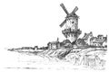 Panoramic view of the old mill and the village near the river. Old windmill village house. Vector sketches. Illustration of rural Royalty Free Stock Photo