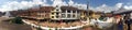 Panoramic view of old shophouses in front of Boudhanath Stupa