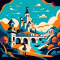 Panoramic view of the old town of Bled, Slovenia. Vector illustration AI generated