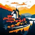 Panoramic view of the old town of Bled, Slovenia. Vector illustration AI generated