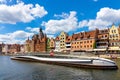 Panoramic view of old town city center at Motlawa river with Hanseatic tenement houses and footbridge to Storehouse Island - Wyspa Royalty Free Stock Photo