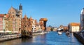 Panoramic view of old town city center at Motlawa river with Hanseatic tenement houses, historic port crane, Maritime Museum and Royalty Free Stock Photo