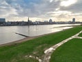 Panoramic view of the old town of Dusseldorf from the Oberkasselerbrucke bridge on a cloudy December day.