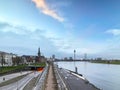 Panoramic view of the old town of Dusseldorf from the Oberkassler Bridge during a calm winter sunrise Royalty Free Stock Photo