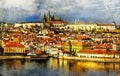 Panoramic view on old town Prague from Bridge Tower.