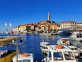 Panoramic view on old town Rovinj from harbor. Istria peninsula, Croatia.