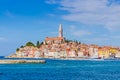 Panoramic view on old town Rovinj from harbor. Istria peninsula, Croatia Royalty Free Stock Photo