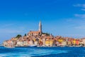 Panoramic view on old town Rovinj from harbor. Istria peninsula, Croatia Royalty Free Stock Photo