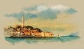 Panoramic view on old town Rovinj at sunset with reflection in water. The Istrian Peninsula, Croatia. Watercolor sketch Royalty Free Stock Photo