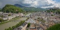 Panoramic view of the old town and the Salzsach river in Salzburg