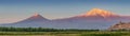 View of one of the main attractions of Armenia - the monastery of Khor Virap and the famous Mount Ararat bathed in light