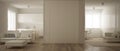 Panoramic view of one room apartment, kitchen, living room and home workplace. Parquet floor, soft carpet fur, and minimalist Royalty Free Stock Photo