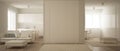 Panoramic view of one room apartment, kitchen, living room and home workplace. Parquet floor, soft carpet fur, and minimalist Royalty Free Stock Photo