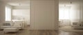 Panoramic view of one room apartment, kitchen, living room and home workplace. Parquet floor, soft carpet fur, and minimalist Royalty Free Stock Photo