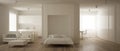 Panoramic view of one room apartment with Murphy wall bed, kitchen, living room and home workplace. Parquet floor and minimalist Royalty Free Stock Photo
