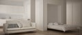 Panoramic view of one room apartment with Murphy wall bed, kitchen, living room with sofa. Parquet floor and minimalist white Royalty Free Stock Photo