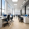 A panoramic view of an open-plan office with ergonomic chairs