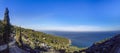 Panoramic view from Orthodox monastery at Mount Athos, Agion Oros Holy Mountain, Chalkidiki Royalty Free Stock Photo