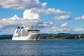 Panoramic view of Oslofjord harbor from Hovedoya island near Oslo, Norway, with MV Seabourn Ovation cruise ship by Seabourn Cruise Royalty Free Stock Photo
