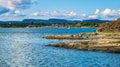 Panoramic view of Oslofjord harbor from rocky recreational cape of Hovedoya island near Oslo, Norway, with Londoya island in
