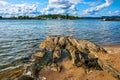 Panoramic view of Oslofjord harbor from rocky recreational cape of Hovedoya island near Oslo, Norway, with Londoya island in