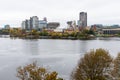 Panoramic view of Ottawa River and Gatineau city of Quebec in Canada from Major\'s Hill Park in autumn Royalty Free Stock Photo