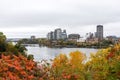 Panoramic view of Ottawa River and Gatineau city of Quebec in Canada from Major\'s Hill Park in autumn Royalty Free Stock Photo