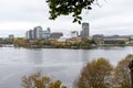 Panoramic view of Ottawa River and Gatineau city of Quebec in Canada from Major\'s Hill Park in autumn Royalty Free Stock Photo