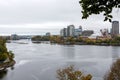 Panoramic view of Ottawa River and Gatineau city of Quebec in Canada from Major\'s Hill Park in autumn Royalty Free Stock Photo