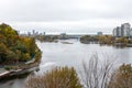 Panoramic view of Ottawa River and Gatineau city of Quebec in Canada from Major\'s Hill Park in autumn Royalty Free Stock Photo