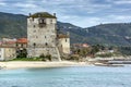 Panoramic view of Ouranopoli and Medieval tower, Athos, Chalkidiki, Greece Royalty Free Stock Photo