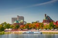 Panoramic view over beach cafes, restaurants and camping site for campers at the downtown near Elbe river in Magdeburg, at golden Royalty Free Stock Photo