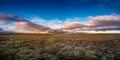 Panoramic view over beautiful colorful sunset landscape with ancient moss and lichen, tundra flowers and meadow fields near Royalty Free Stock Photo