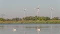 Panoramic view over beautiful lake landscape with wind turbines to produce green energy, electrical power lines and pair of white Royalty Free Stock Photo